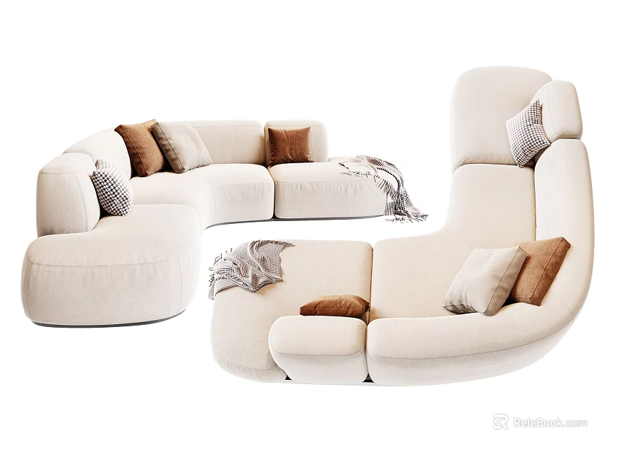 Modern Cream Curved Sectional Sofa With Brown Gray Pillows And Blanket 3d model 