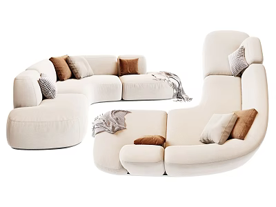 Modern Cream Curved Sectional Sofa With Brown Gray Pillows And Blanket 3d model