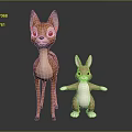 Cute Cartoon Deer and Rabbit Characters Standing Together with Open Arms 3d model