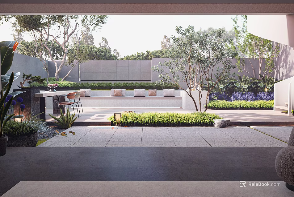 Minimalist Dry Landscape Garden With Raked Gravel Stones And Serene Plants 3d model 
