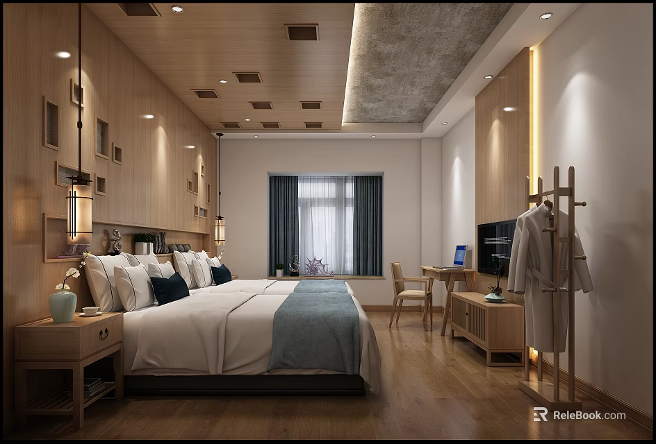Hotel Room Interior Featuring Wooden Walls Ceiling White Blue Bedding Desk And Chair 3d model 