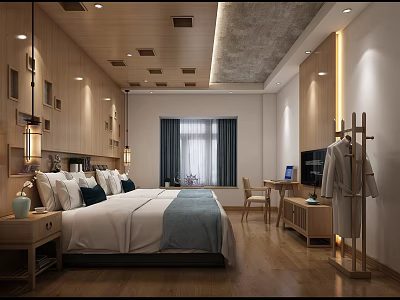 Hotel Room Interior Featuring Wooden Walls Ceiling White Blue Bedding Desk And Chair 3d model