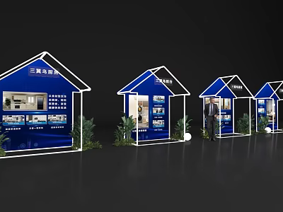 Blue House Shaped Pavilions Photo Check In Spots With Mitsubishi Heavy Industries And Green Plants 3d model