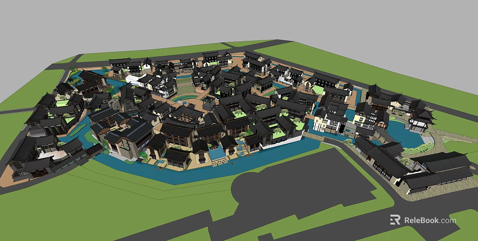 Scenic Traditional Commercial Street With Waterfront Architecture And Green Plazas 3d model 