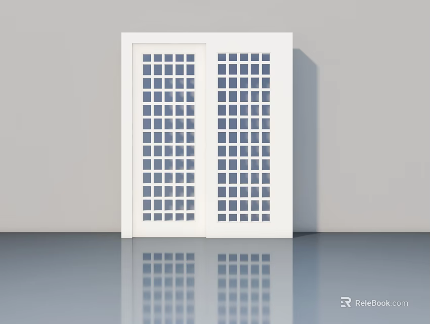 Modern White Double Hinged Door With Square Glass Panes And Reflective Floor 3d model 