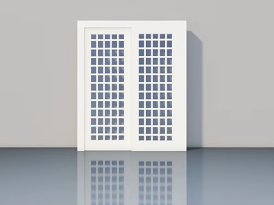 Modern White Double Hinged Door With Square Glass Panes And Reflective Floor 3d model