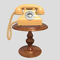 Vintage Yellow Telephone With Coiled Cord On Wooden Stand Retro Design Style