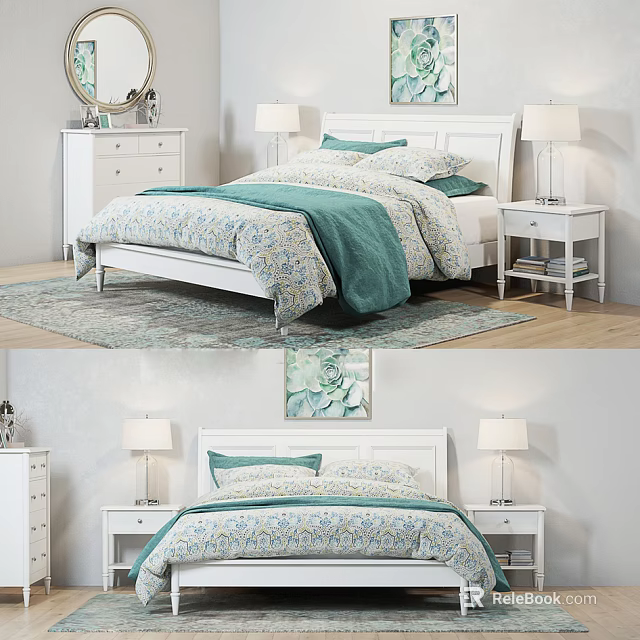 Double Bed With White Headboard Floral Blue Bedspread Green Throw And Nightstands With Table Lamps 3d model 