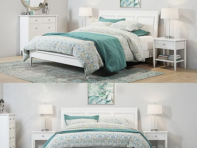 Double Bed With White Headboard Floral Blue Bedspread Green Throw And Nightstands With Table Lamps 3d model