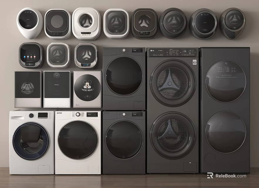 Modern Front Load Washing Machines In Black White With Various Control Designs 3d model 