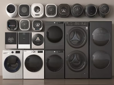 Modern Front Load Washing Machines In Black White With Various Control Designs 3d model