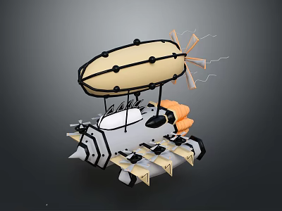 Creative Vintage Mechanical Airship Model With Yellow Balloon Wooden Propeller And Metal Base 3d model