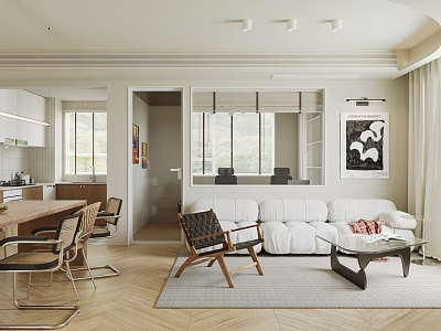 Dining and Living Room Open Layout Interior Design With Modern Sofa Dining Table And Area Rug 3d model