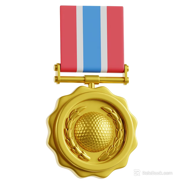 Gold Medal Decorative Ornament Set with Red White Ribbon Laurel Wreath and Golf Ball 3d model 