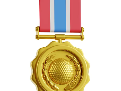 Gold Medal Decorative Ornament Set with Red White Ribbon Laurel Wreath and Golf Ball 3d model