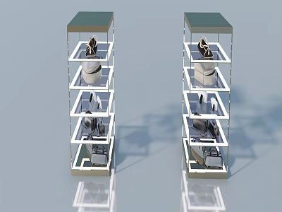 Modern Hinged Doors Display On Multi Level Metal Frame Shelves 3d model