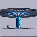 Modern Design Pillar With Blue Lighting And Umbrella Shaped Top People Around
