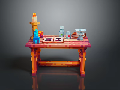 Pixel Art Table With Candle Blue Figure Books Bottles And Glasses 3d model