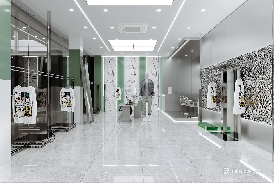 Modern Clothing Store Interior With Bright Lighting Glass Display Racks And Green Accents 3d model 