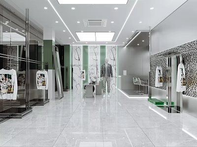 Modern Clothing Store Interior With Bright Lighting Glass Display Racks And Green Accents 3d model