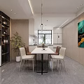 Modern Living And Dining Room Design With Beige Sofa Black Chairs Marble Floor TV Wall
