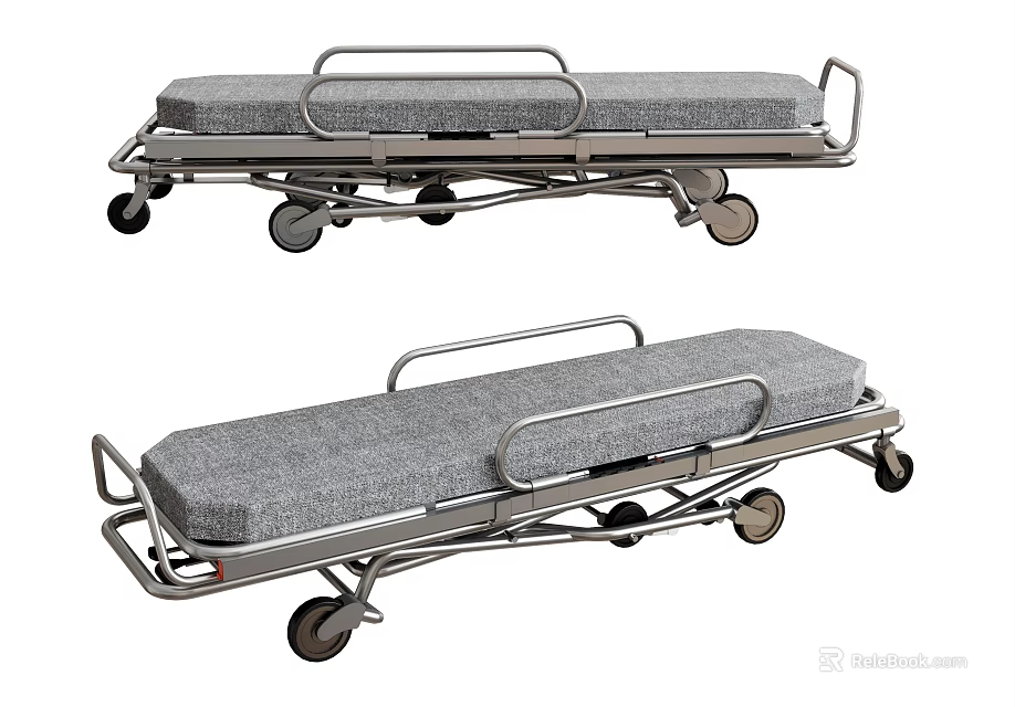 Medical Equipment Stretcher Beds with Metal Frame Gray Mattress and Wheels 3d model 