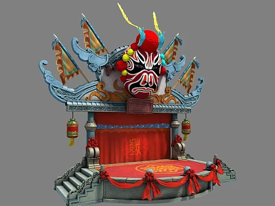 Traditional Peking Opera Stage Design With Colorful Mask Flags And Red Curtains 3d model
