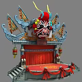 Traditional Peking Opera Stage Design With Colorful Mask Flags And Red Curtains