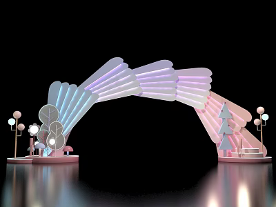 Commercial Equipment Modern Arch Structure With Colorful Lighting Decorative Trees And Spherical Lights 3d model