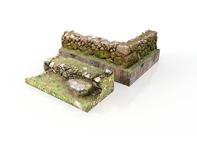 Stone Wall Components With Corner Structure And Ground Sections Covered In Moss And Grass 3d model