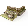 Stone Wall Components With Corner Structure And Ground Sections Covered In Moss And Grass 3d model