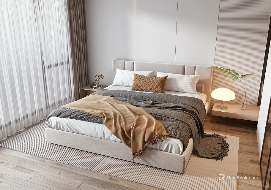 Double Bed Interior With Gray Brown Blankets Pillows Bedside Table Lamp Plant And Wooden Floor 3d model 