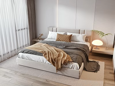 Double Bed Interior With Gray Brown Blankets Pillows Bedside Table Lamp Plant And Wooden Floor 3d model