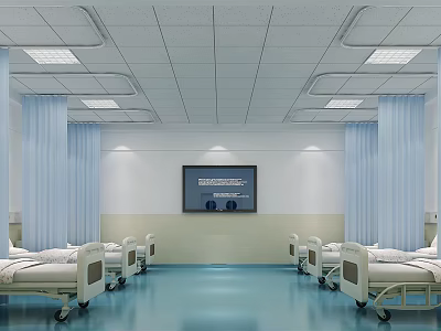 Hospital Ward Interior With Beds Blue Curtains Ceiling Lights And Wall TV 3d model