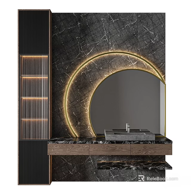 Luxury Bathroom Vanity With Black Marble Wall And Golden Ring Light Mirror 3d model 