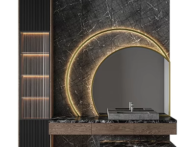 Luxury Bathroom Vanity With Black Marble Wall And Golden Ring Light Mirror 3d model