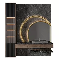 Luxury Bathroom Vanity With Black Marble Wall And Golden Ring Light Mirror