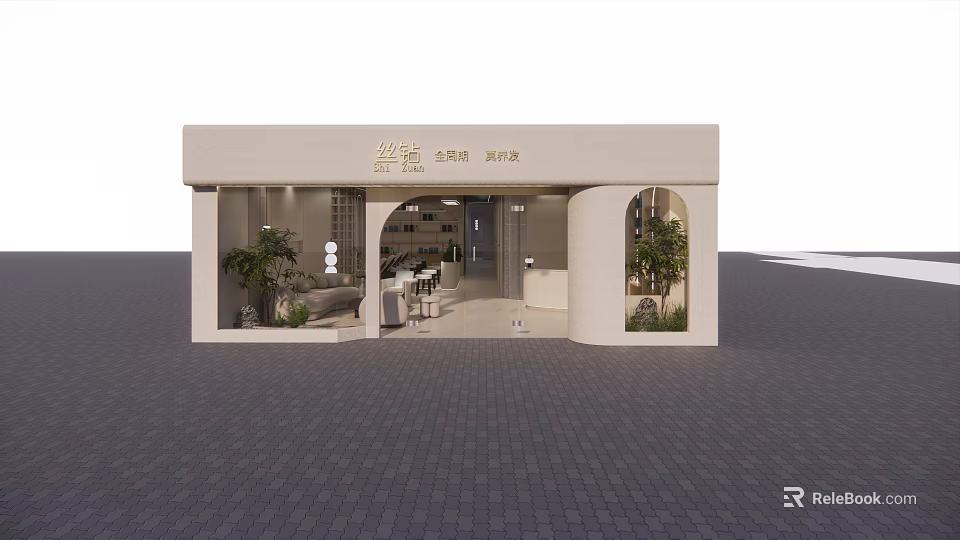 Modern Minimalist Storefront Facade Design With Glass Door Arched Windows And Plants 3d model 