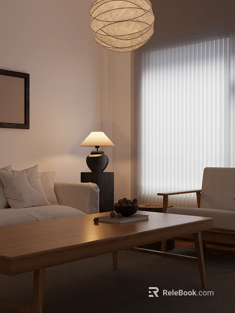 Cozy Living Room Interior With White Sofa Pillows Wooden Coffee Table Armchair And Window Blinds 3d model 