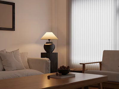 Cozy Living Room Interior With White Sofa Pillows Wooden Coffee Table Armchair And Window Blinds 3d model