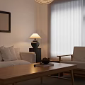 Cozy Living Room Interior With White Sofa Pillows Wooden Coffee Table Armchair And Window Blinds