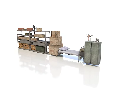 Industrial Warehouse Interior Design With Metal Shelves Wooden Crates Bench And Cabinet 3d model