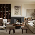 Cozy Living Room Interior With Beige Sofa Fireplace Armchairs And Wooden Bookshelf