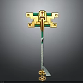 Golden And Green Decorative Weapon With Long Handle Square Top And Blade Tip