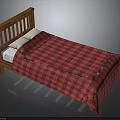 Wooden Bed with Wooden Headboard Red Plaid Blanket and White Pillows
