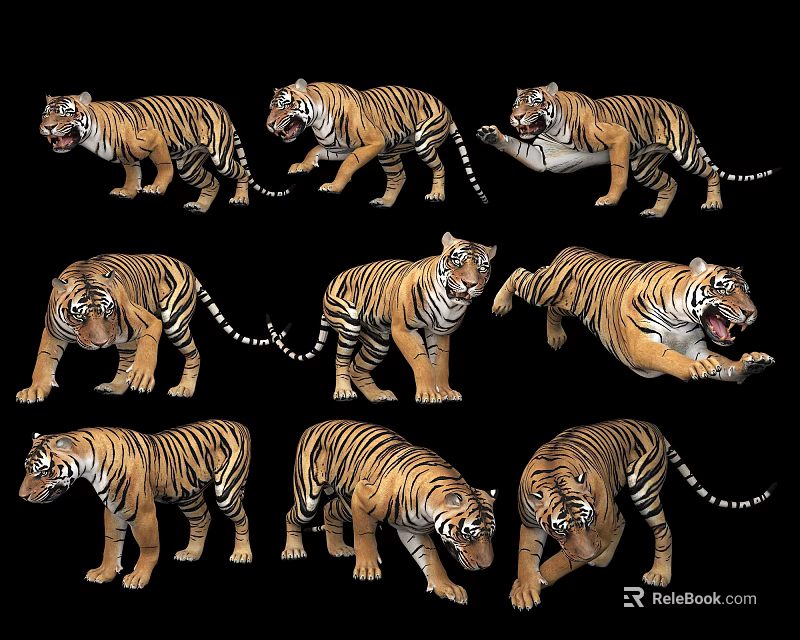 Nine Reptile Creatures In Diverse Action Poses Against Black Backdrop 3d model 