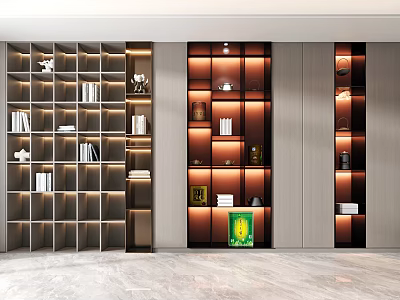 Modern Wooden Bookcase Design With Multiple Compartments Built in Lighting And Decorative Items 3d model