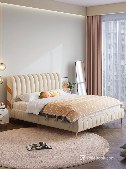 Double Bed With Beige Upholstered Headboard Plush Toys Orange Blanket Nightstand Mirror And Window Curtains 3d model 