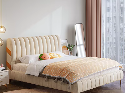 Double Bed With Beige Upholstered Headboard Plush Toys Orange Blanket Nightstand Mirror And Window Curtains 3d model