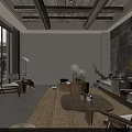 Modern Living Room Interior With Wooden Ceiling Beams Stone Wall And Floor To Ceiling Windows